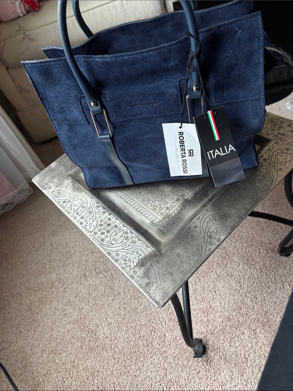 Roberta Rossi Navy Suede Tote Bag